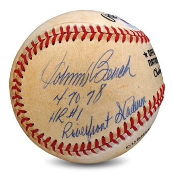 Johnny Bench Signed & Inscribed Game Used Baseball From 1984-86 (Mears)